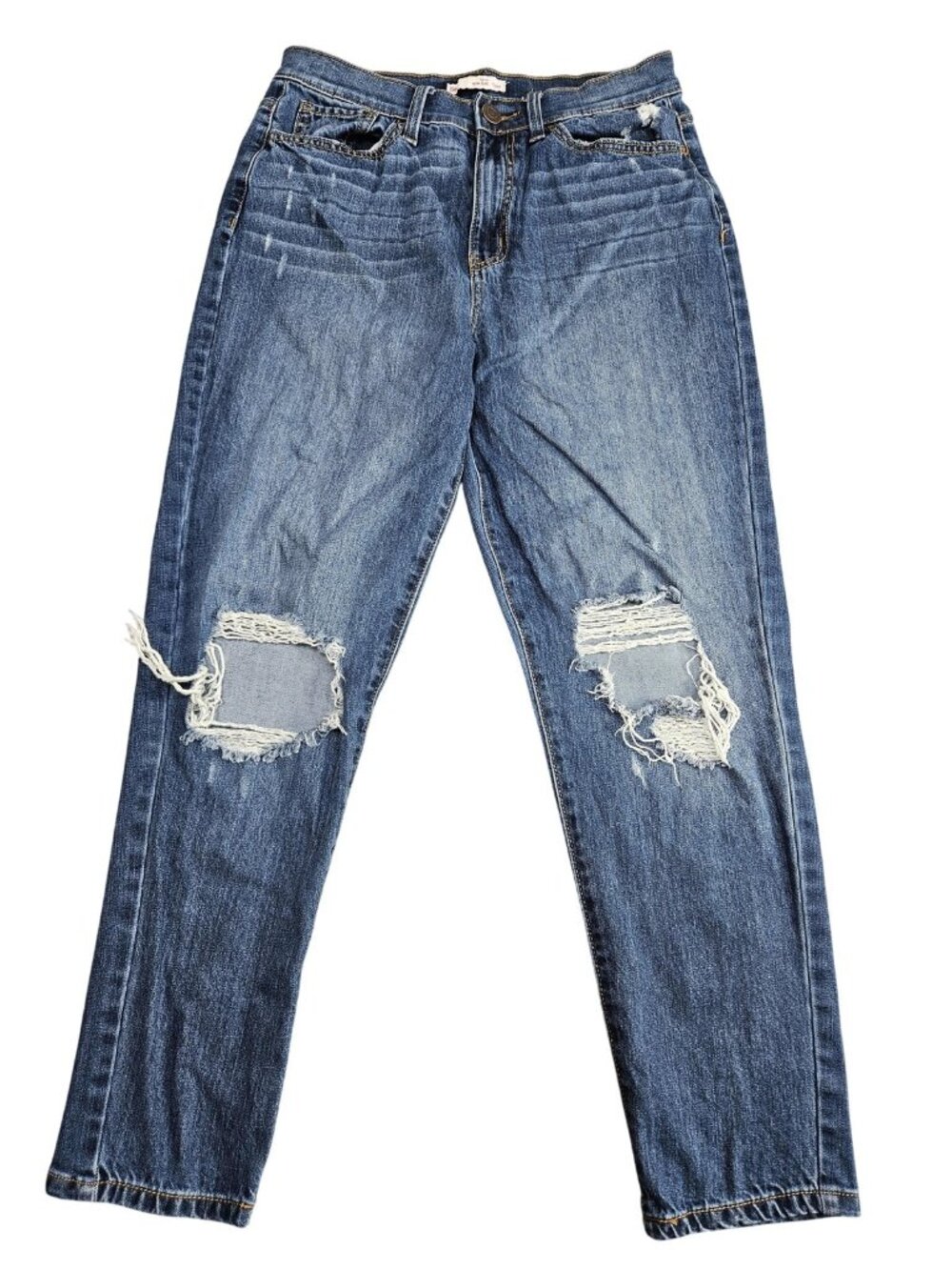 SO High Rise Mom Jeans Juniors 7/28W Blue Medium Wash Distressed Stretch Denim